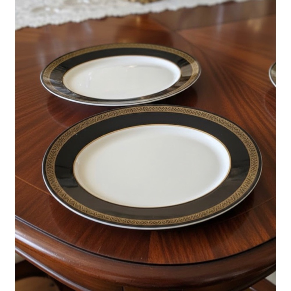 2 Mid Century Modern Shenango China Grecian Gold Black Band Oval Plates 12”x 9.5